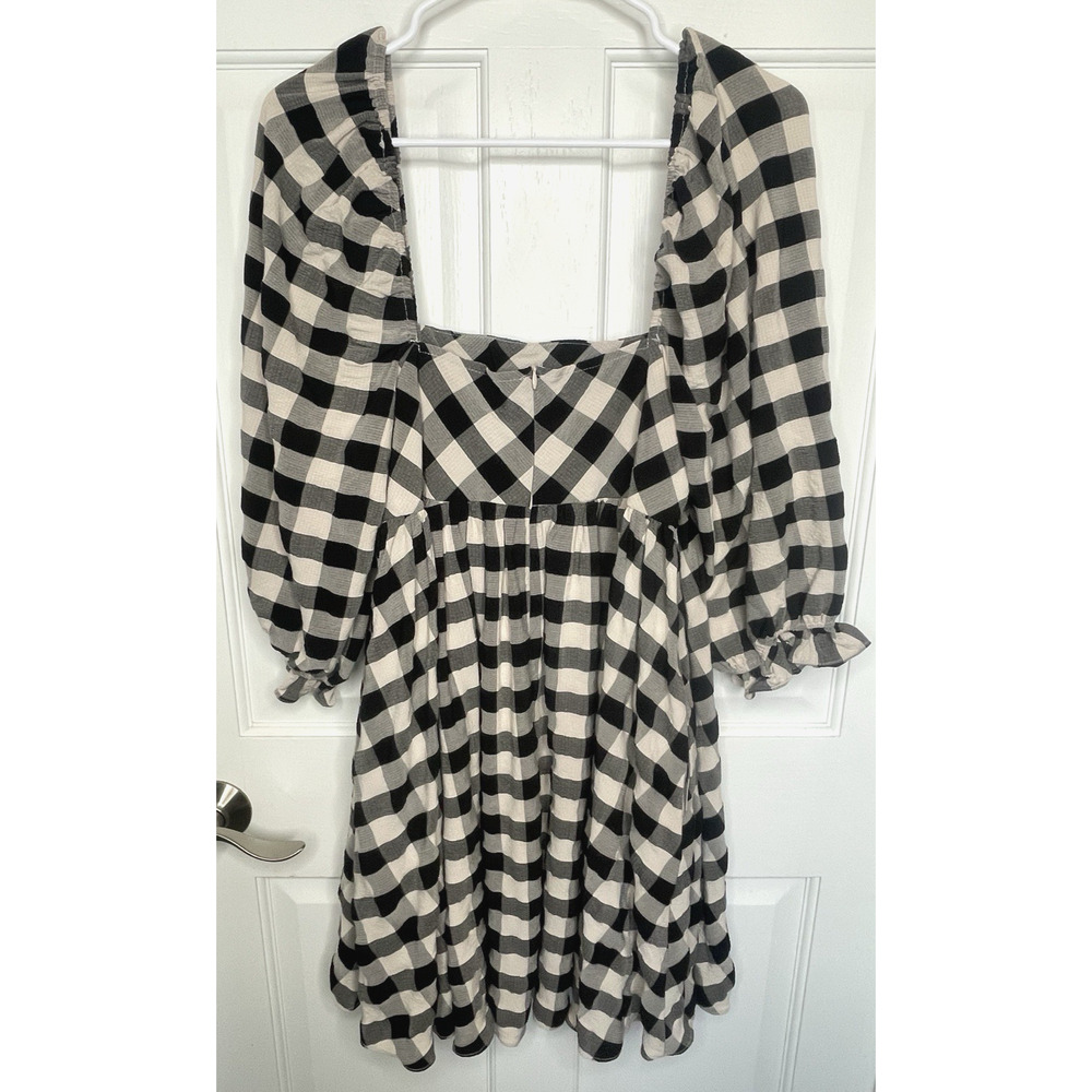 Storia Women’s Babydoll Buffalo Check Mini Dress Sz M Puff Sleeve Peasant Boho - Picture 5 of 10